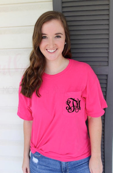 Southern Grace Creations Comfort Color Monogram Pocket Tee Chambray