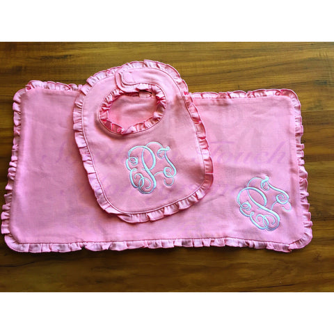 Monogrammed Ruffle Baby Bib and Burp Cloth Set