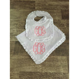 Monogrammed Ruffle Baby Bib and Burp Cloth Set