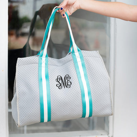 Monogrammed Teal Stripe Neoprene Tote Bag