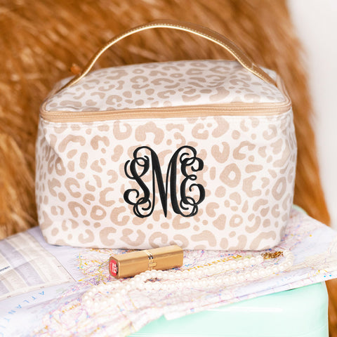 Monogrammed Natural Leopard Cosmetic Bag