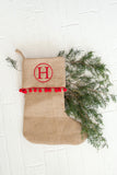 Monogrammed Red Pom-Pom Burlap Christmas Stocking