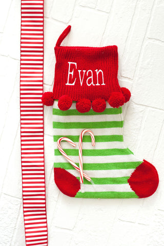 Monogrammed Green Stripe Pom-Pom Knit Christmas Stocking