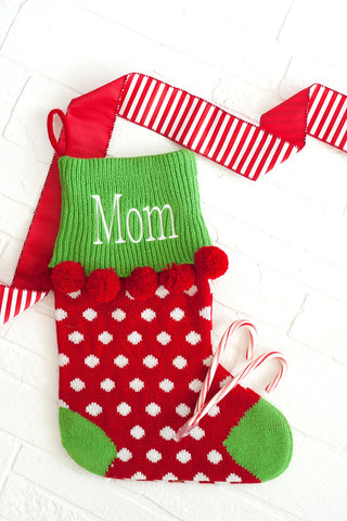 Monogrammed Red Dot Pom-Pom Knit Christmas Stocking