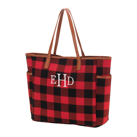 Monogrammed Red and Black Buffalo Tote Bag