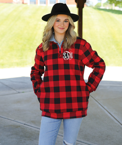 Monogrammed Buffalo Plaid Unisex Quarter Zip Pullover Sweatshirt