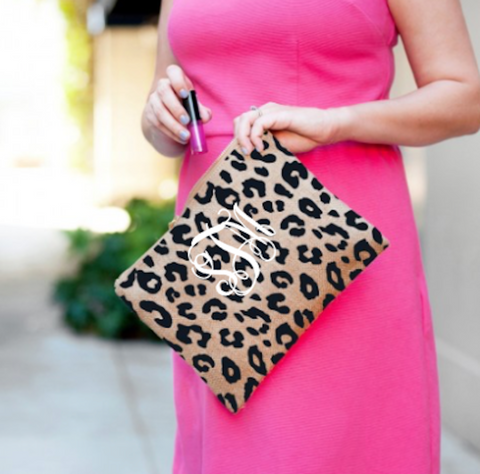 Monogrammed Burlap Leopard Zip Pouch