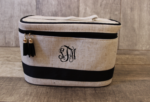 Monogrammed Black Linen Train Cosmetic Bag