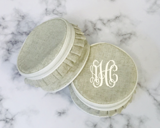 Monogrammed White Ruffle Trim Jewelry Case